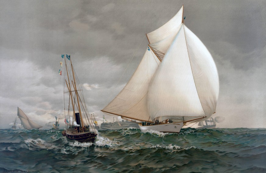 Victorious Volunteer 1887. Volunteer, a centreboard compromise sloop, was designed by Edward Burgess and built by Pusey &amp; Jones Shipbuilding Company at Wilmington, Delaware in 1887 for owner Gener ...