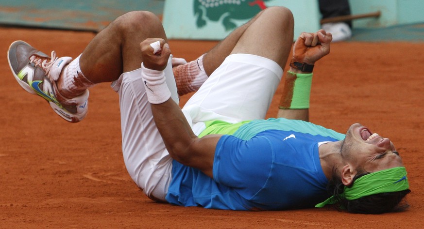 FILE - In this Sunday, June 6, 2010, file photo, Spain&#039;s Rafael Nadal celebrates after defeating Sweden&#039;s Robin Soderling during a men&#039;s finals match for the French Open tennis tourname ...