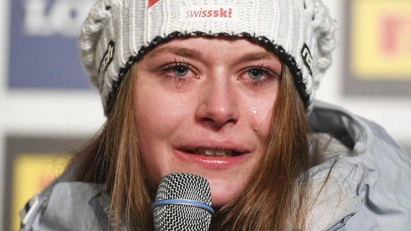 epa07345418 Corinne Suter of Switzerland reacts during a press conference after taking the third place in the women&#039;s Super G race at the FIS Alpine Skiing World Championships in Are, Sweden, 05  ...