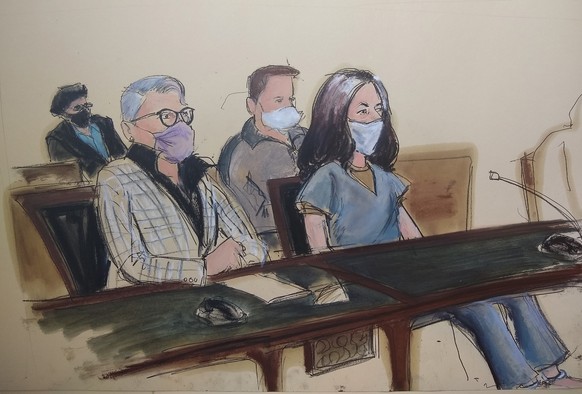In this courtroom sketch, Ghislaine Maxwell, far right, appears in Manhattan Federal court seated next to her attorney Bobbi C. Sternheim, second from left, along with her sister Isabel Maxwell, far l ...