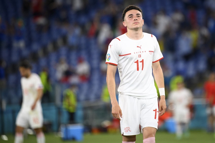 Switzerland&#039;s midfielder Ruben Vargas looks disapointed after loosing the Euro 2020 soccer tournament group A match between Italy and Switzerland at the Olympic stadium, in Rome, Italy, Wednesday ...