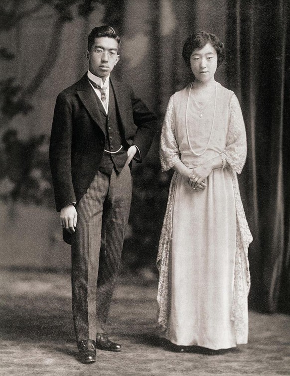 Prince Hirohito (later Emperor of Japan) and the Consort Princess Nagato (later Empress of Japan) in a formal portrait, ca. 1925.