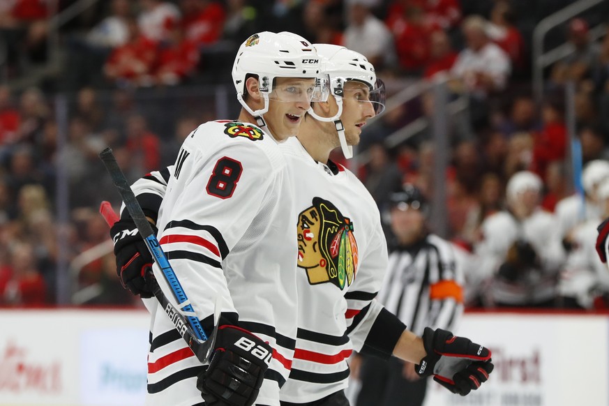 Chicago Blackhawks left wing Dominik Kubalik (8) celebrates his goal against the Detroit Red Wings in the third period of a preseason NHL hockey game, Tuesday, Sept. 17, 2019, in Detroit. (AP Photo/Pa ...