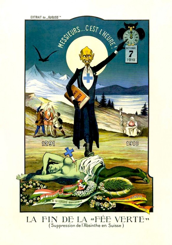 «Das Ende der Grünen Fee»: Satirisches Plakat von Albert Gantner gegen das Absinth-Verbot in der Schweiz aus der Zeitschrift «Guguss», 1910: Die Grüne Fee liegt erdolcht am Boden, ein Priester zeigt a ...