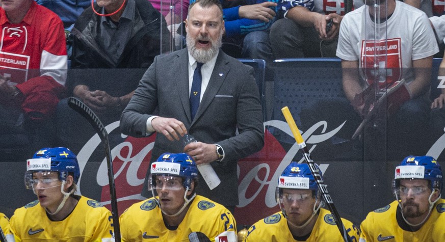 Sweden`s coach Rikard Groenborg during the game between Sweden and Switzerland, at the IIHF 2019 World Ice Hockey Championships, at the Ondrej Nepela Arena in Bratislava, Slovakia, on Saturday, May 18 ...