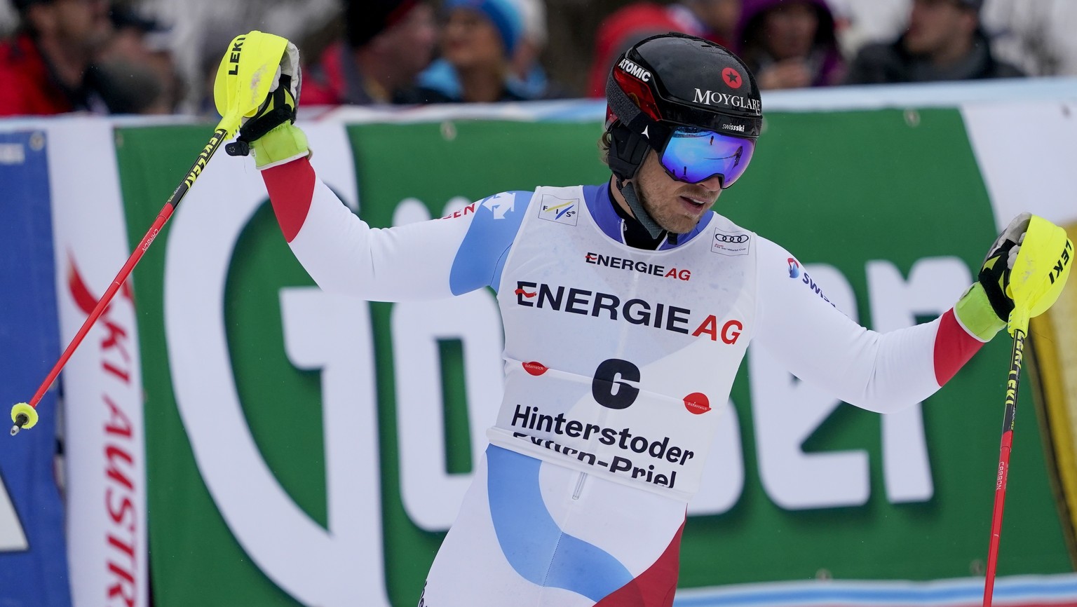 Switzerland&#039;s Mauro Caviezel gets to the finish area after completing an alpine ski, men&#039;s World Cup combined, in Hinterstoder, Austria, Sunday, March 1, 2020. (AP Photo/Giovanni Auletta)