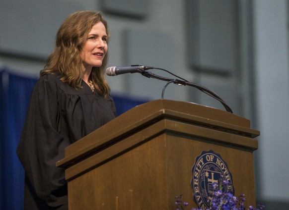 FILE - In this May 19, 2018, file photo, Amy Coney Barrett, United States Court of Appeals for the Seventh Circuit judge, speaks during the University of Notre Dame&#039;s Law School commencement cere ...