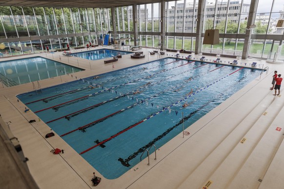 Des membres du groupe competition du Lausanne natation reprennent l&#039;entrainement lors de la pandemie de Coronavirus (Covid-19) ce mardi, 12 mai 2020 a la piscine de Mont Repos a Lausanne. En Suis ...