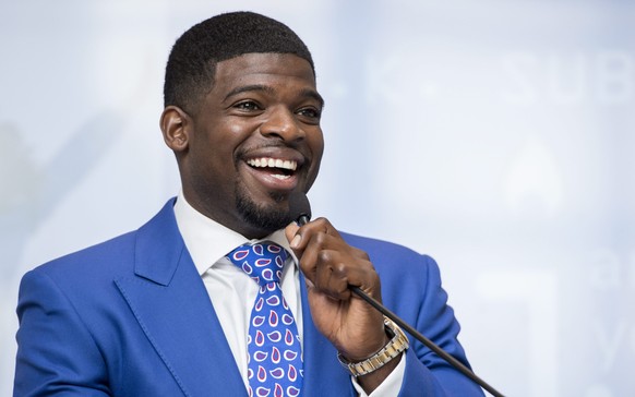 Nashville Predators defenseman P.K. Subban addresses a gathering, Wednesday, Aug. 31, 2016, in Montreal, nearly one year after making a $10-million pledge to the Montreal Children&#039;s Hospital Foun ...