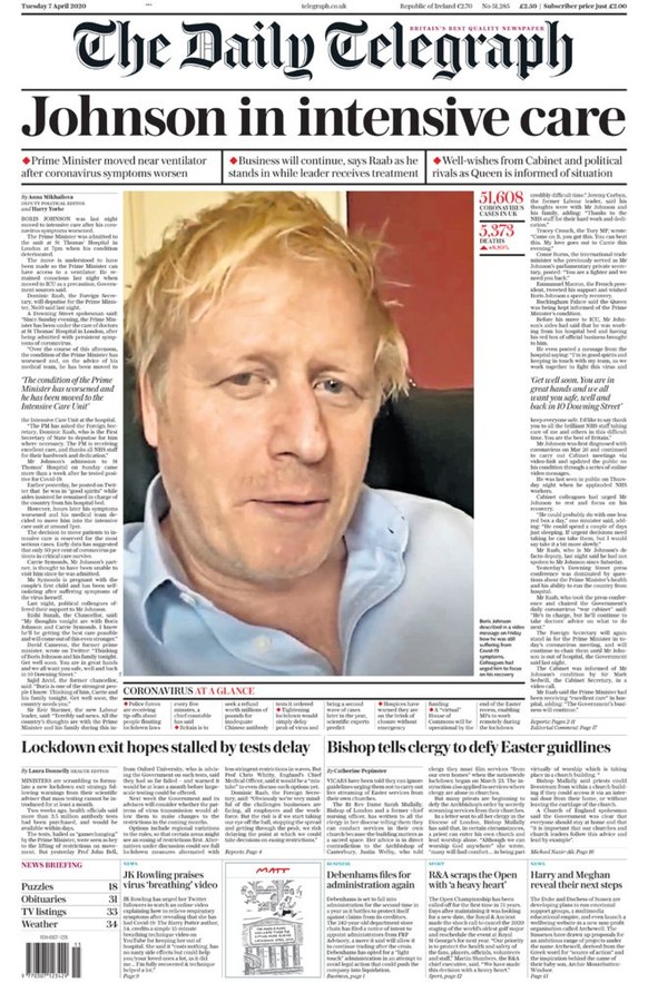 Britische Zeitungen am Tag, nach dem Premierminister Boris Johnson auf die Intensivstation verlegt wurde.