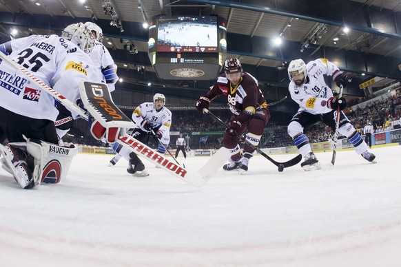 Geneve-Servette&#039;s center Kevin Romy, 2nd right, scores the 1:0 against Fribourg&#039;s goaltender Ludovic Waeber, left, past Fribourg&#039;s players forward Nathan Marchon, 2nd left, and forward  ...
