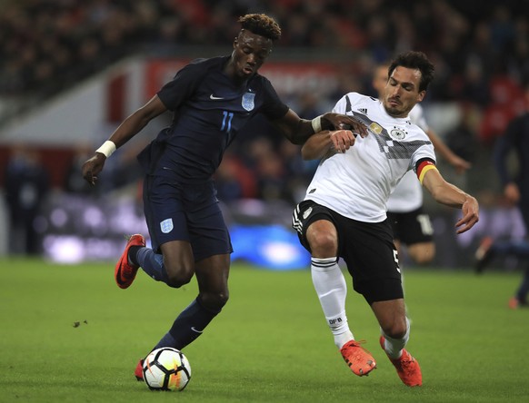 England&#039;s Tammy Abraham, left, and Germany&#039;s Mats Hummels battle for the ball during the international friendly soccer match between England and Germany at Wembley stadium in London, Britain ...