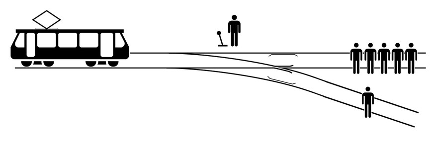 Gleisarbeiter-Dilemma, Trolley Problem
Von Zapyon - Eigenes Werk, basierend auf: Trolley problem.png und BSicon TRAM1.svg, Rozjazd pojedynczy.svg CC BY-SA 4.0, https://commons.wikimedia.org/w/index.ph ...