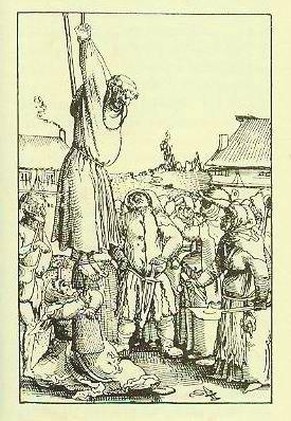 Federzeichnung von Niklaus Manuel, 1525:&nbsp;Bauern hängen einen Ablasskrämer.