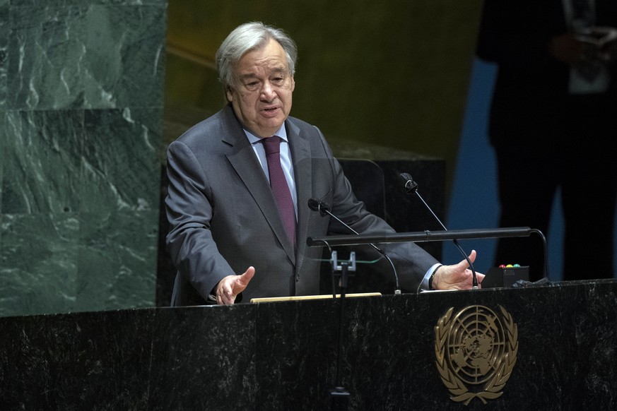 In this photo provided by the United Nations, U.N. Secretary-General Antonio Guterres speaks in the U.N. General Assembly Thursday, Oct. 1, 2020, in New York. The U.N. chief urged people everywhere Th ...
