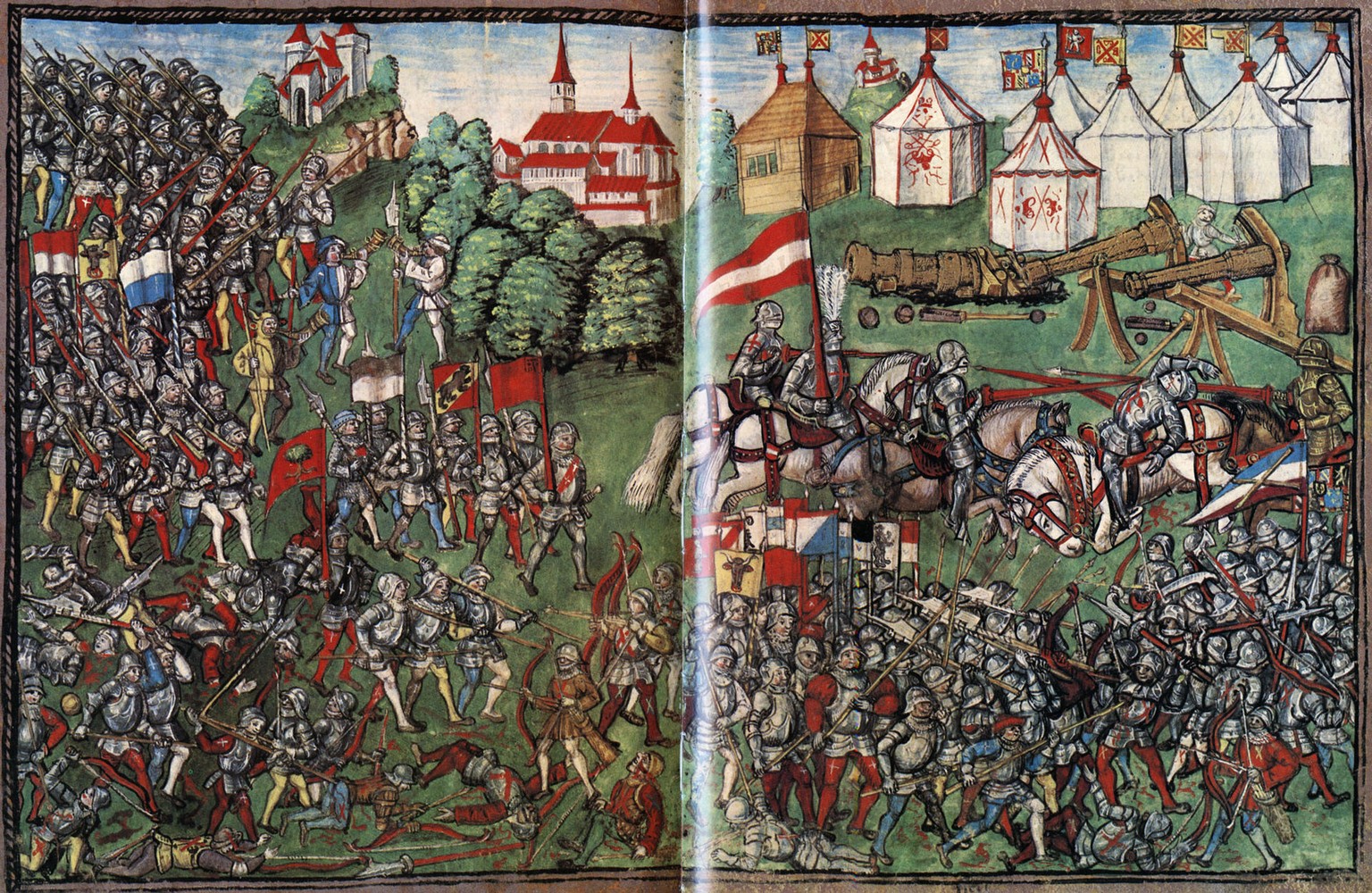 Darstellung der Schlacht bei Grandson in der Luzerner Chronik des Diebold Schilling, 1513.