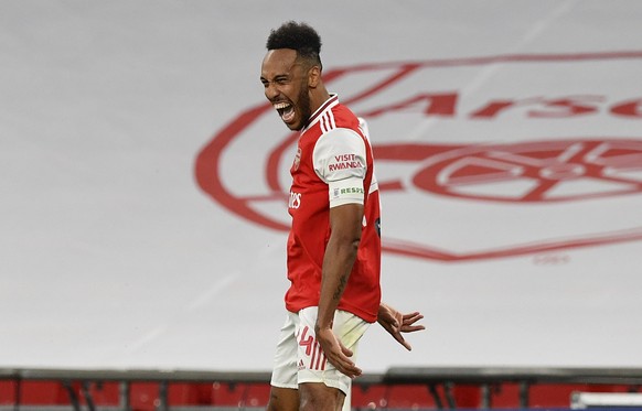 Arsenal&#039;s Pierre-Emerick Aubameyang celebrates after scoring his team&#039;s second goal during the FA Cup semifinal soccer match between Arsenal and Manchester City at Wembley in London, England ...