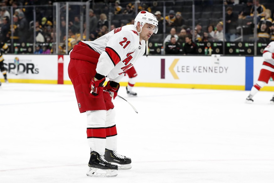 BOSTON, MA - DECEMBER 03: Carolina Hurricanes left wing Nino Niederreiter 21 in warm up before a game between the Boston Bruins and the Carolina Hurricanes on December 3, 2019, at TD garden in Boston, ...