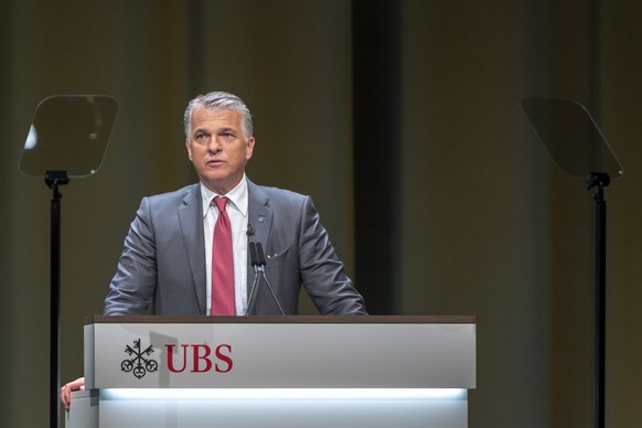 epa07542011 Sergio P. Ermotti, Group Chief Executive Officer of Swiss Bank UBS, speaks during the general assembly of the UBS in Basel, Switzerland, during the general assembly of the UBS in Basel, Sw ...