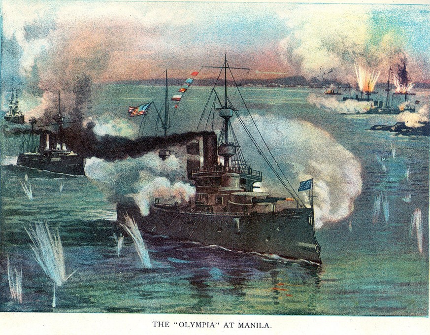 Die USS Olympia während der Schlacht in der Bucht von Manila (1898).