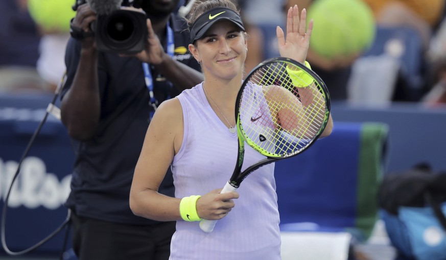 Belinda Bencic, of Switzerland, reacts after defeating Alize Cornet, of France, during the second round of the US Open tennis championships Thursday, Aug. 29, 2019, in New York. (AP Photo/Charles Krup ...