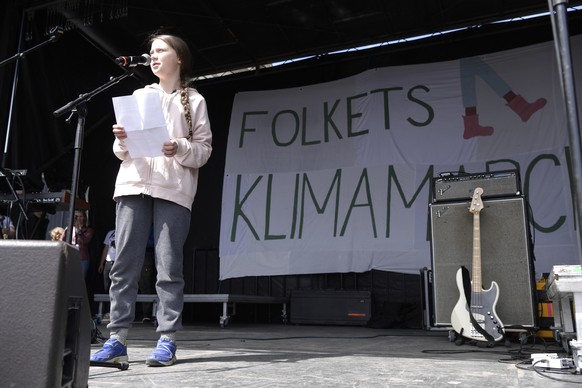 epa07599075 Swedish climate activist Greta Thunberg speaks during the People&#039;s Climate March (Folkets Klimamarch) in front of Christiansborg Palace, in Copenhagen, 25 May 2019. People across the  ...
