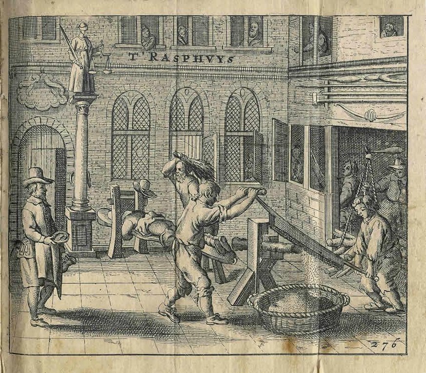 Rasphuis-Insassen beim Holzsägen und bei der Auspeitschung (1662)
https://de.wikipedia.org/wiki/Rasphuis#/media/Datei:Melchior_Fokkens_Rasphuys.jpg
