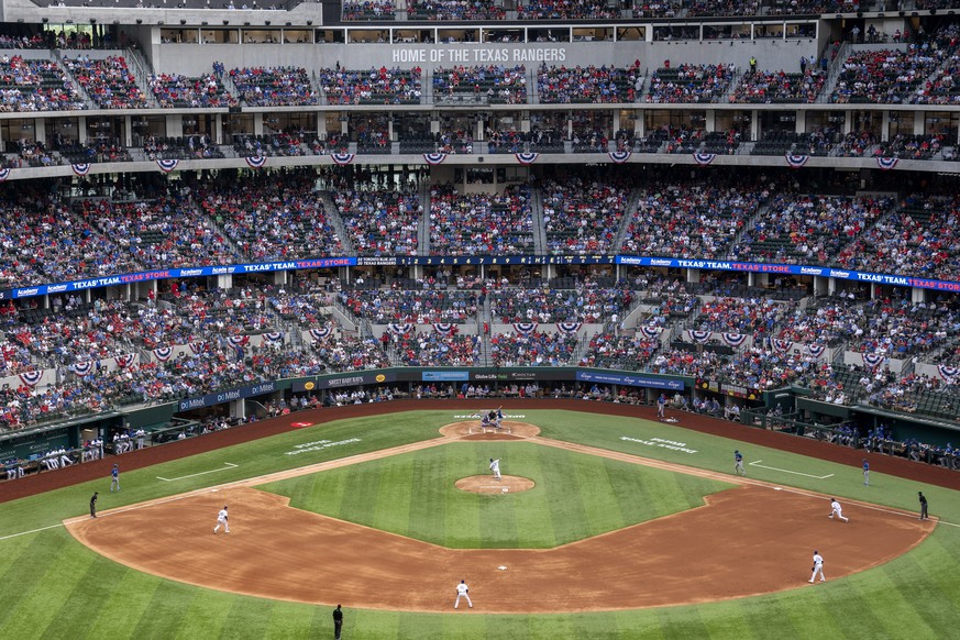 Fans fill the stands at Globe Life Field during the second inning of a baseball game between the Texas Rangers and the Toronto Blue Jays, Monday, April 5, 2021, in Arlington, Texas. The Rangers are se ...