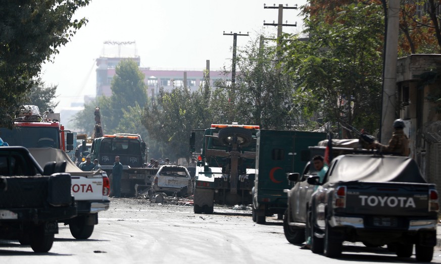 epa08655761 The scene of an explosion in Kabul, Afghanistan, 09 September 2020. According to initial reports, at least 2 people were kiled and 12 other wounded during an expolsion targeting Afghanista ...