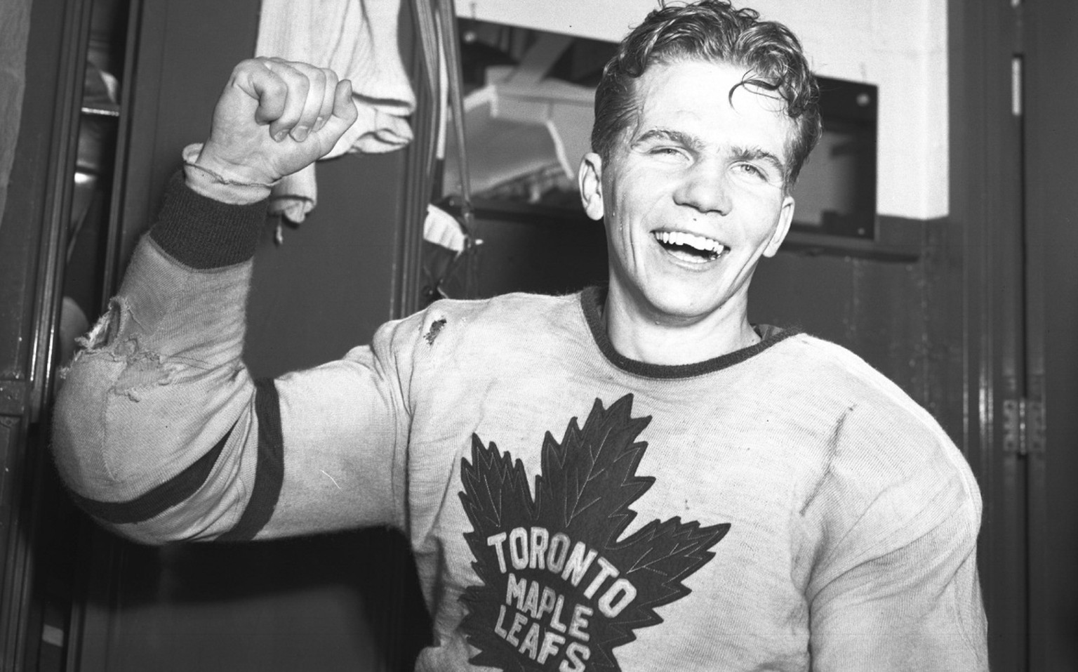 Bill Barilko Toronto Maple Leafs celebrates after Game 5 OT goal to win 1951 Stanley Cup.