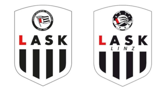 Seit 2017 hat der LASK ein neues Logo (links), im alten (rechts) war zusätzlich die Aufschrift Linz zu lesen.