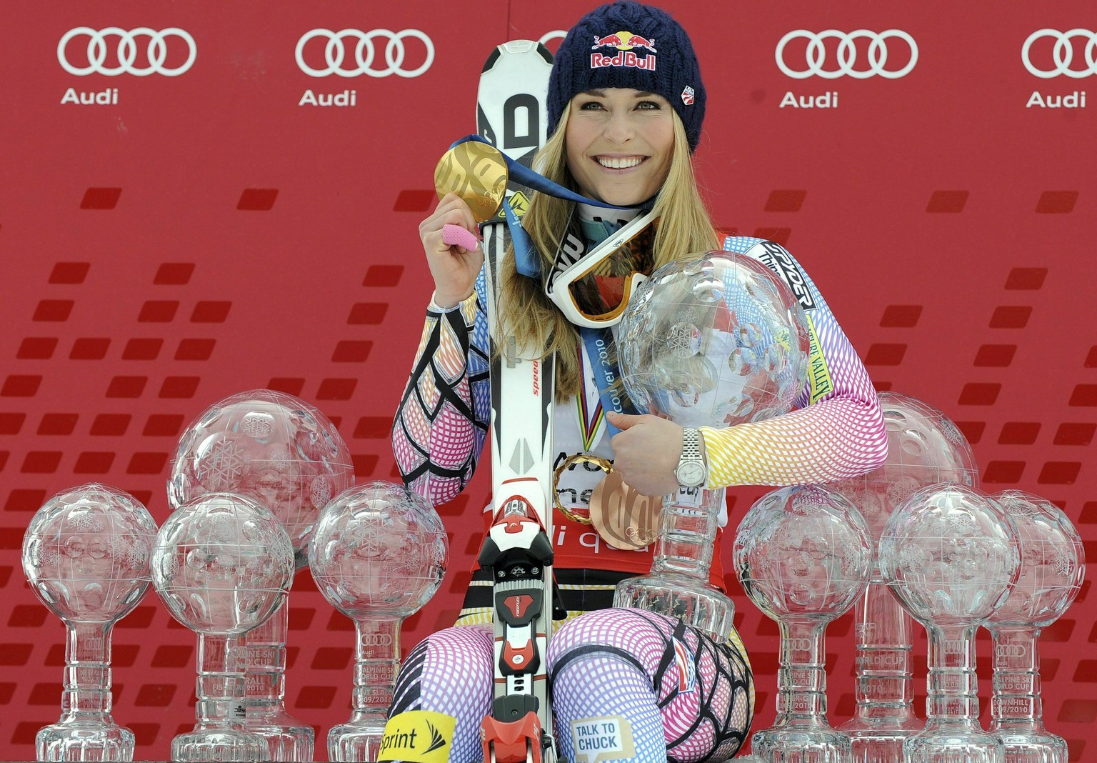 FILE - In this March 13, 2010, file photo, Lindsey Vonn, of the United States, poses in Garmisch-Partenkirchen, Germany, with all the Olympic medals and Women&#039;s World Cup trophies she won in her  ...