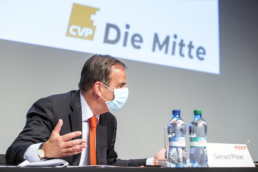 Gerhard Pfister, Parteipraesident CVP Schweiz, spricht an der Delegiertenversammlung der CVP Schweiz am Samstag, 5. September 2020, in Baden. (KEYSTONE/Alexandra Wey)