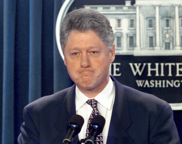 FILE - This Jan. 18, 1996 file photo shows President Bill Clinton meets reporters in the briefing room of the White House in Washington. Former President Bill Clinton mused that congressional Republic ...