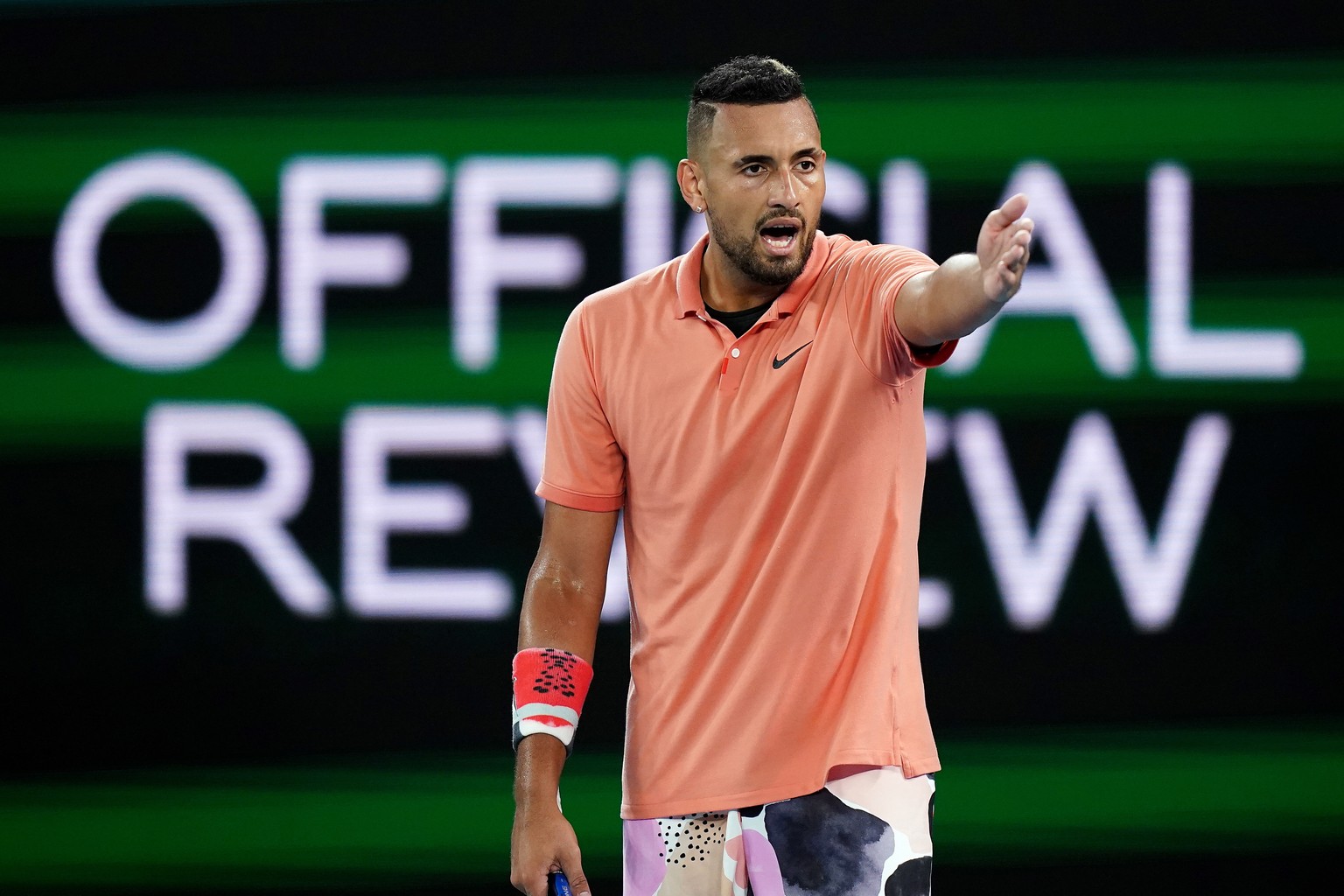 epa08169713 Nick Kyrgios of Australia reacts to a line call during his fourth round match against Rafael Nadal of Spain at the Australian Open tennis tournament at Melbourne Park in Melbourne, Austral ...