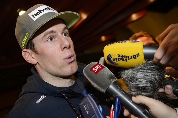 Skiracer Marc Gisin of Switzerland speaks to journalists during a press conference at the FIS Alpine Ski World Cup season at the Lauberhorn, in Wengen, Switzerland, Wednesday, January 13, 2016. (KEYST ...