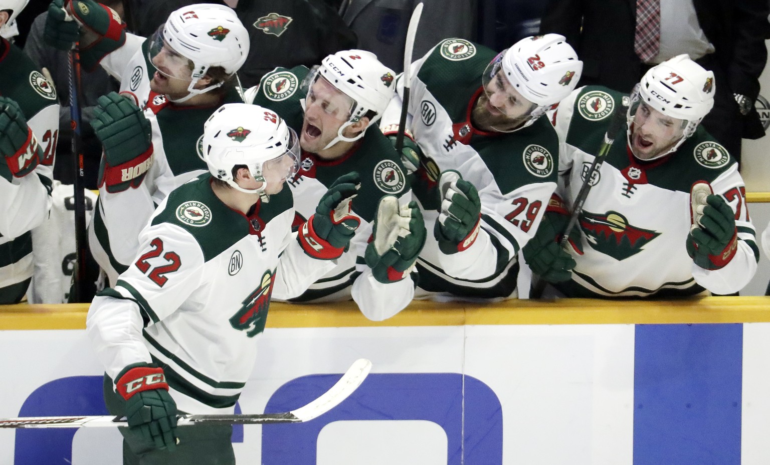 Minnesota Wild right wing Kevin Fiala (22), of Switzerland, is congratulated after scoring his second goal of the game against the Nashville Predators in the third period of an NHL hockey game Tuesday ...