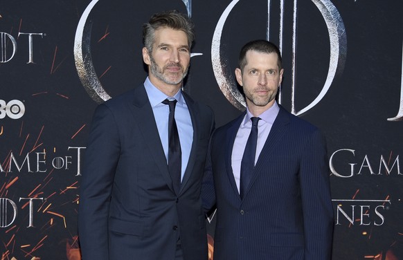 Creator/executive producers David Benioff, left, and D. B. Weiss attend HBO&#039;s &quot;Game of Thrones&quot; final season premiere at Radio City Music Hall on Wednesday, April 3, 2019, in New York.  ...