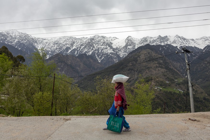 Snow-covered peaks of the Dhauladhar range of the Himalaya are seen in the background as a woman carries rations from a shop during a relaxation in the curfew put in place to check the spread of the c ...