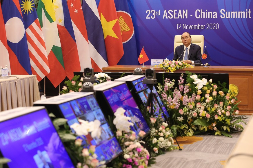 epa08814929 Vietnam&#039;s Prime Minister Nguyen Xuan Phuc addresses the 23rd Association of Southeast Asian Nations (ASEAN) - China summit in Hanoi, Vietnam, 12 November 2020. The virtual 37th ASEAN  ...