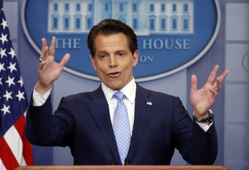 In this July 21, 2017 photo, White House communications director Anthony Scaramucci speaks to members of the media in the Brady Press Briefing room of the White House in Washington. (AP Photo/Pablo Ma ...
