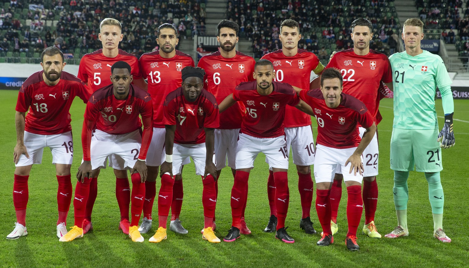 epa08727961 Switzerland national team players top row from left to right: defender Becir Omeragic, defender Ricardo Rodriguez, defender Eray Coemert, midfielder Granit Xhaka, defender Fabian Schaer, a ...