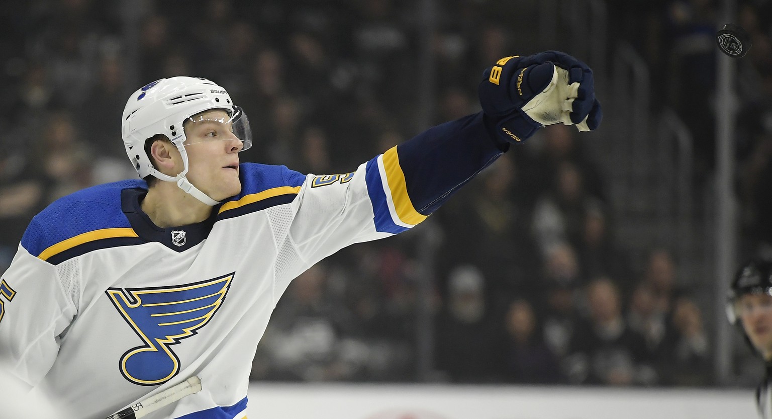 St. Louis Blues defenseman Colton Parayko reaches for the puck during the third period of the team&#039;s NHL hockey game against the Los Angeles Kings on Thursday, March 7, 2019, in Los Angeles. The  ...