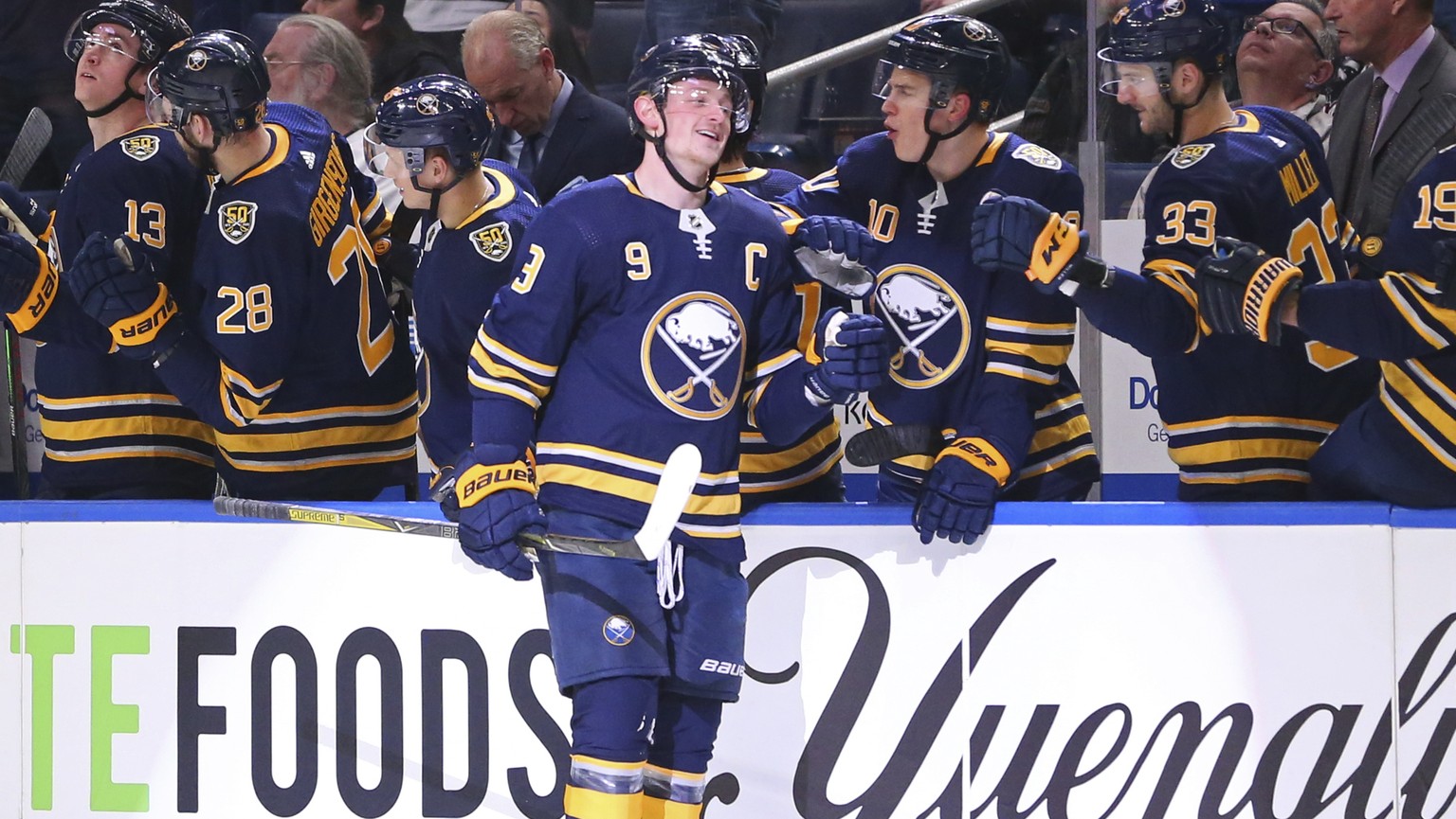 Buffalo Sabres forward Jack Eichel (9) celebrates his goal during the second period of an NHL hockey game against the Washington Capitals, Monday, March 9, 2020, in Buffalo, N.Y. (AP Photo/Jeffrey T.  ...