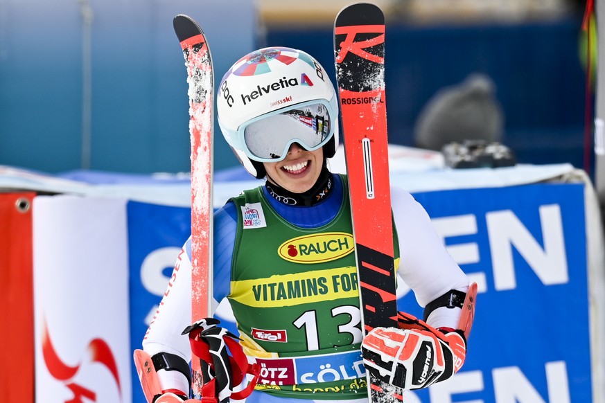 Michelle Gisin of Switzerland reacts after the second run of the Women&#039;s Giant Slalom race of the FIS Alpine Ski World Cup season opener on the Rettenbach glacier, in Soelden, Austria, on Saturda ...
