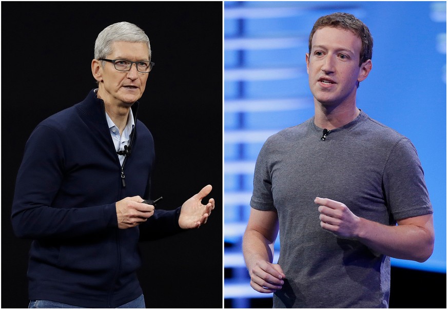 FILE - In this combo of file photos, Apple CEO Tim Cook speaks on the new Apple campus on Sept. 12, 2017, in Cupertino, Calif., left, and Facebook CEO Mark Zuckerberg speaks at the F8 Facebook Develop ...