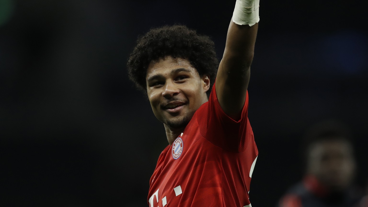 Bayern&#039;s Serge Gnabry, scorer of four goals, celebrates after the Champions League group B soccer match between Tottenham and Bayern Munich at the Tottenham Hotspur stadium in London, Tuesday, Oc ...
