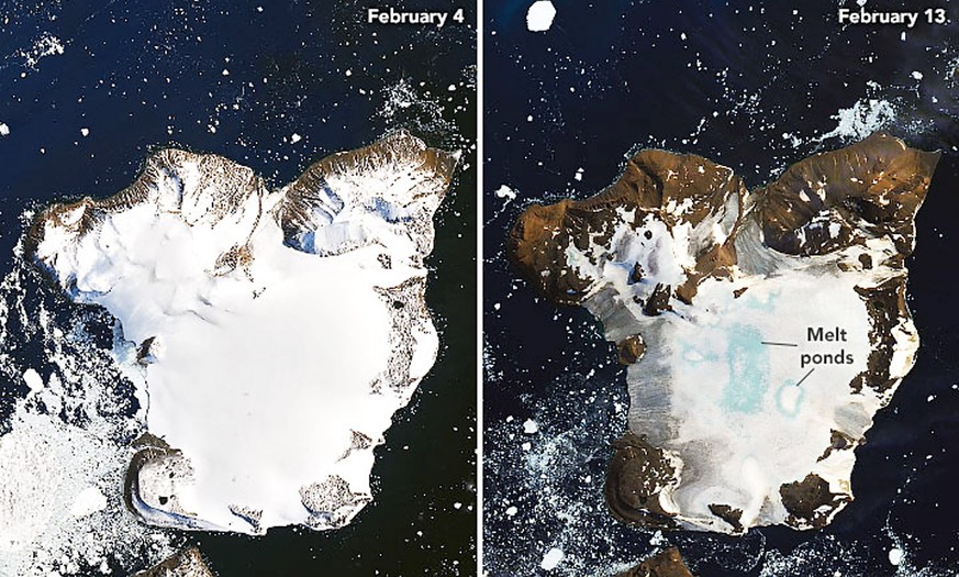 epa08234819 (COMPOSITE) A handout composite picture made available by the National Aeronautics and Space Administration (NASA) showing melting on the ice cap of Eagle Island, off Graham Land, Antarcti ...