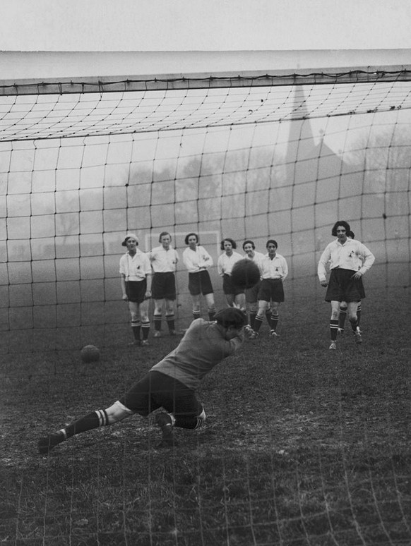 The Preston Ladies Football Club practise taking penalty kicks during a training session, circa 1935. They will be attempting to retain their world championship title in Belgium in a year&#039;s time. ...