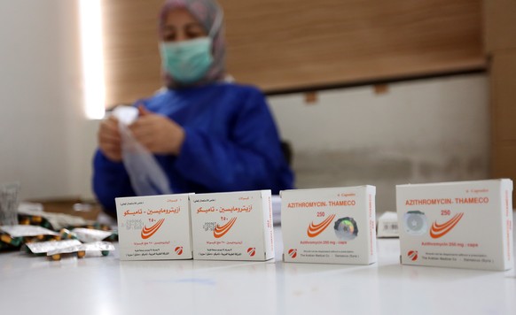 epa08643566 A view of Boxes of the Azithromycin tablets at the laboratory of the Syrian Tamico Pharmaceutical Factory in the countryside of Damascus, Syria, 03 September 2020. The nationwide famous dr ...